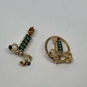 VTG Prog Set Rhinestone Candlestick Christmas Brooch Pin, 2 Brooches